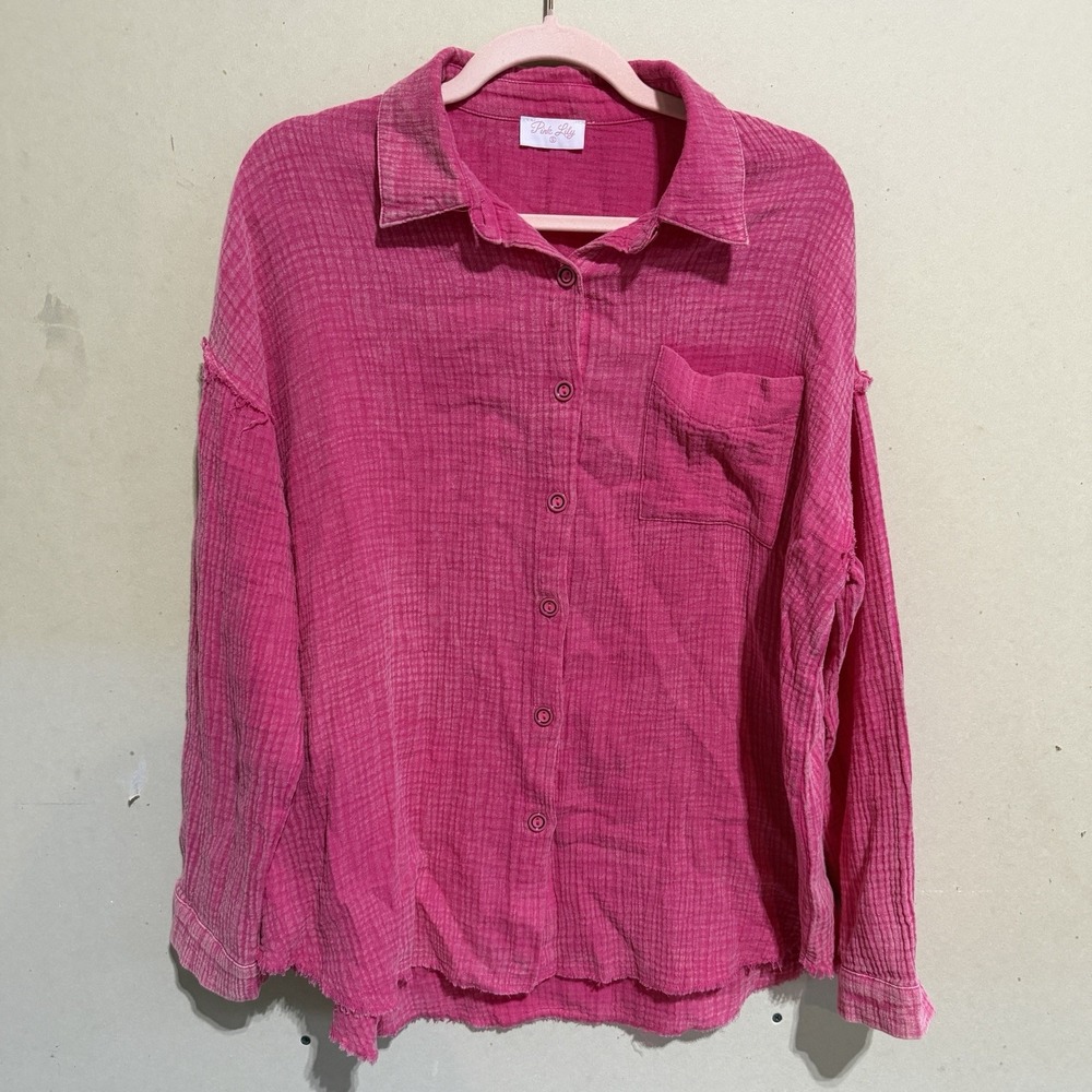 Pink Lily 100% Cotton Gauze Oversized Button Down Shirt Hot Pink Raw Hem Size S